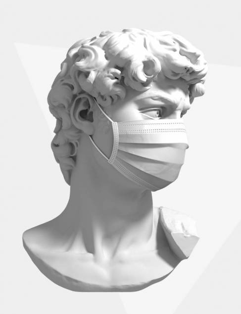 Hoofd van David standbeeld met een medisch mondmasker, zwart wit foto